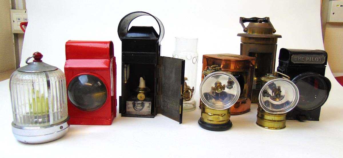 A collection of vintage lights, to include two British Made 'Premier' brass lamps; 'The Pilot'