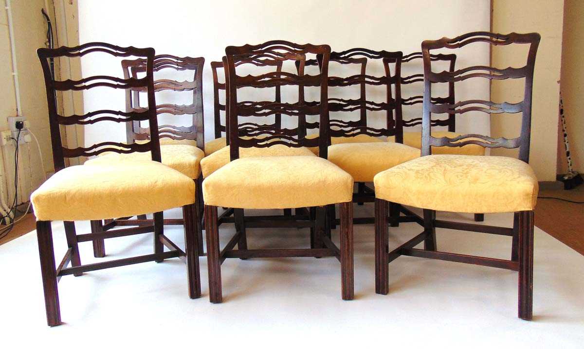 A set of ten George III style mahogany ribbon back dining chairs, with stuff over seats on channeled - Image 3 of 5