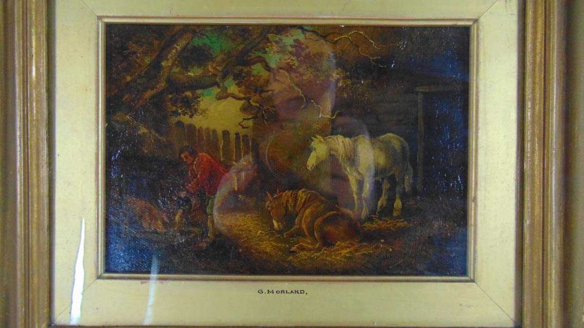 19th century English school after George Morland, stable exterior scene with farmhand feeding a - Image 2 of 4