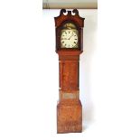 A late 18th century 30 hour oak and mahogany longcase clock, with swans neck pediment above the