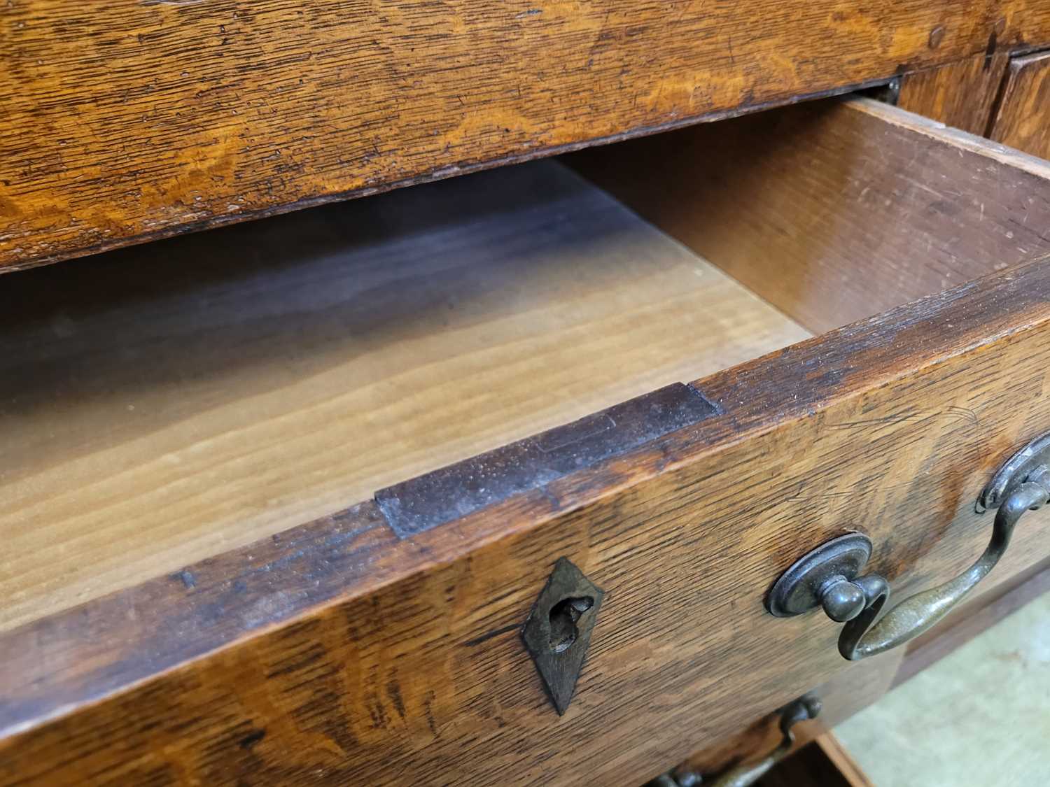 A George III oak Welsh dresser, with cavetto moulded pediment above the boarded back with three - Image 16 of 39