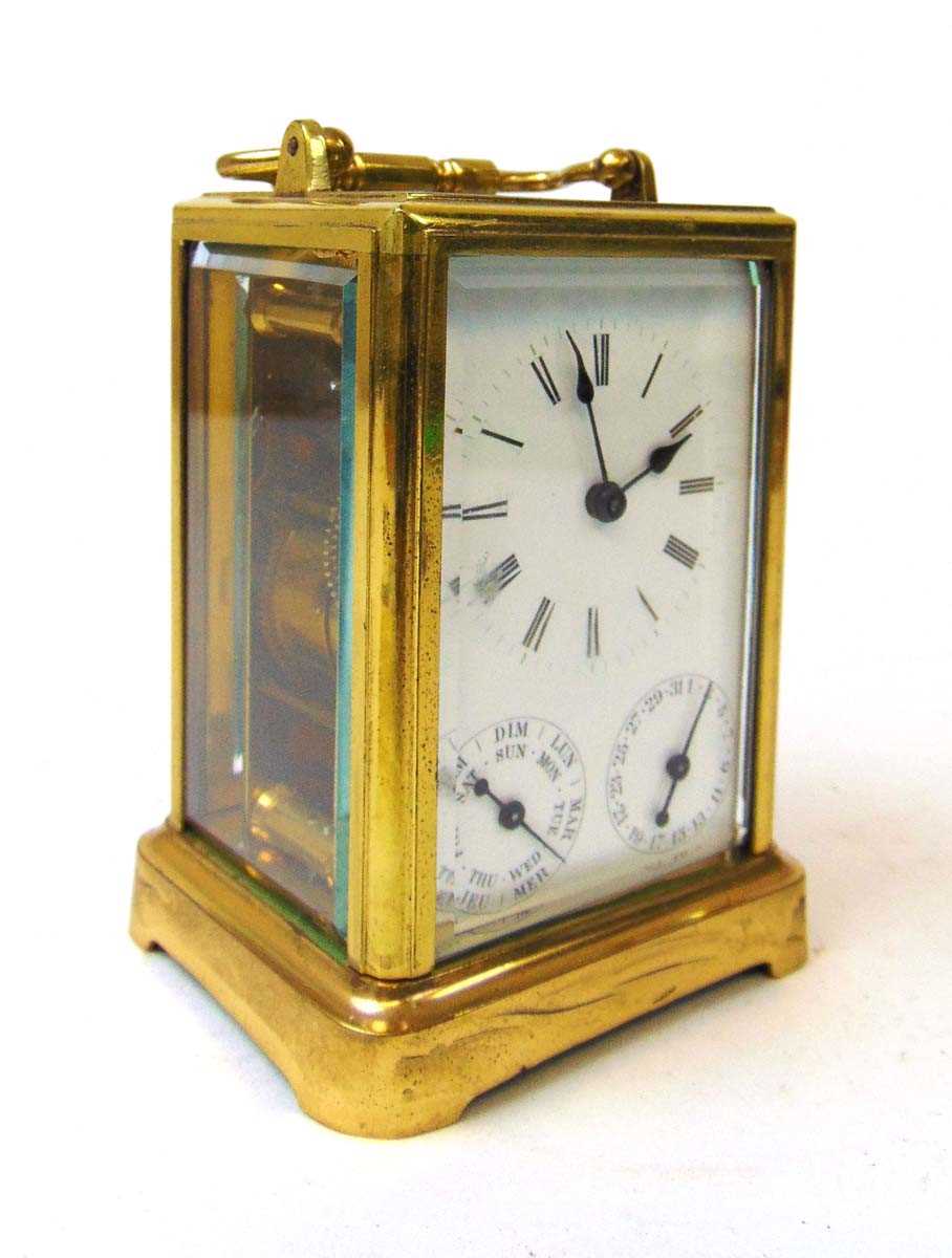 A French brass cased calendar carriage clock timepiece, late 19th/early 20th century, with - Image 2 of 4