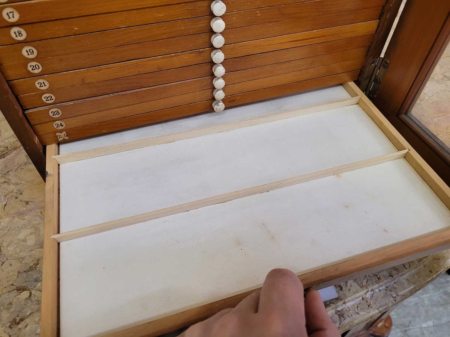 A Victorian collectors cabinet, the stained pine case with glazed door enclosing twenty nine shallow - Image 9 of 10