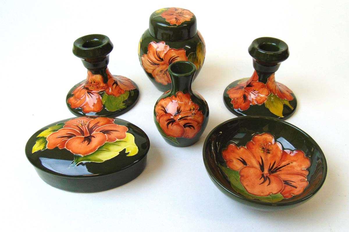 A group of 'Hibiscus' pattern Moorcroft, late 20th century, all on a green ground, impressed - Image 2 of 3