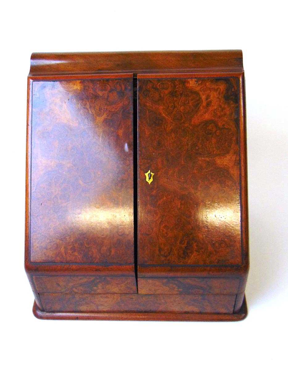 A Victorian walnut stationery cabinet, with two well figured sloping doors opening to reveal a - Image 2 of 5