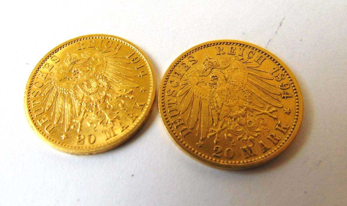Kingdom of Prussia, Wilhelm II, 2 x gold 20 Deutches Reich Mark, 1894 & 1914, A, berlin - Image 2 of 2
