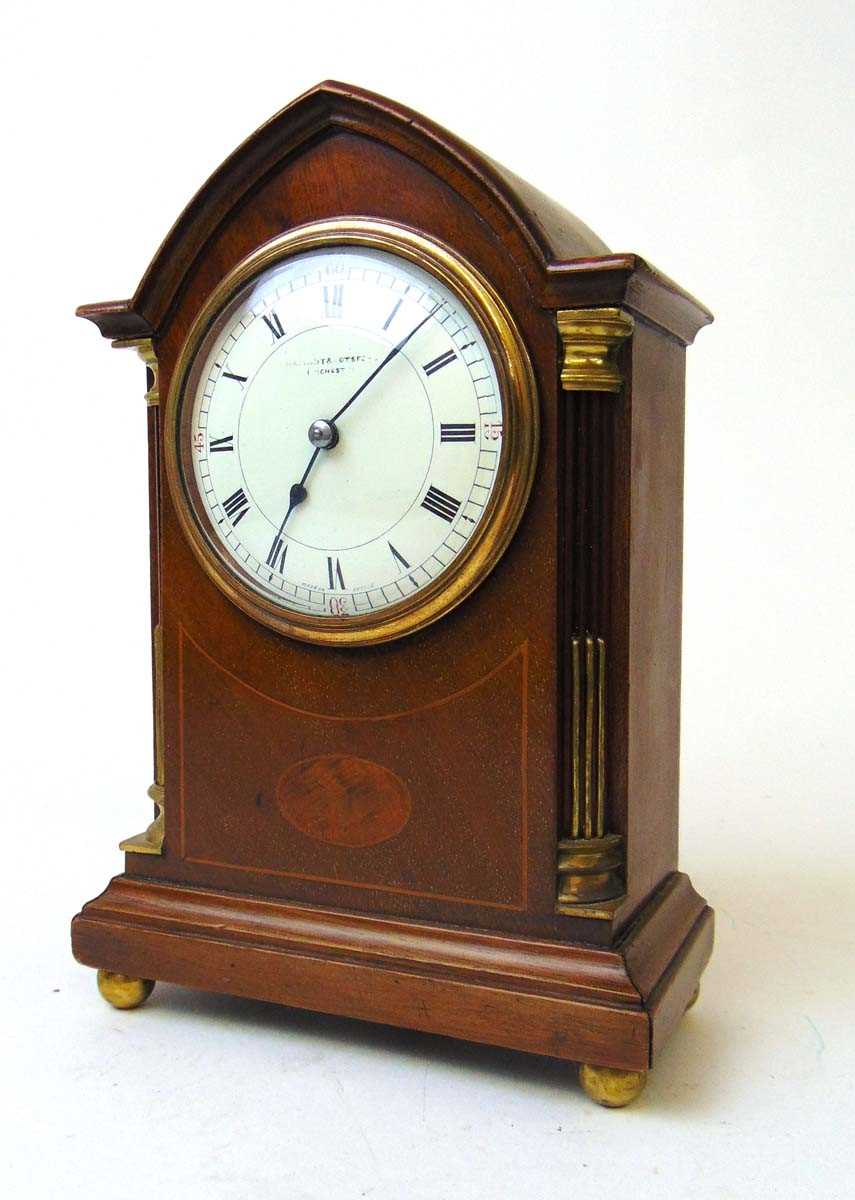 An early 20th century mahogany and inlaid mantel clock, retailed by Ollivant & Botsford, Manchester, - Image 3 of 3
