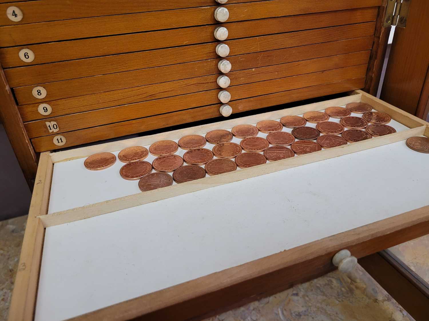 A Victorian collectors cabinet, the stained pine case with glazed door enclosing twenty nine shallow - Image 6 of 10