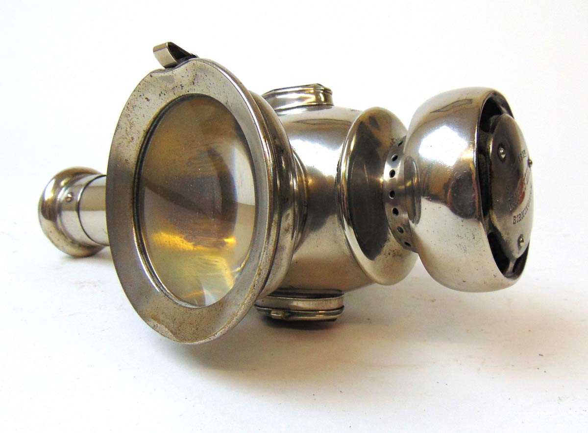 A Jos Lucas Ltd bicycle Candle Lamp, ini nickel finish, with red and green oval side lenses, 20cm - Image 2 of 3