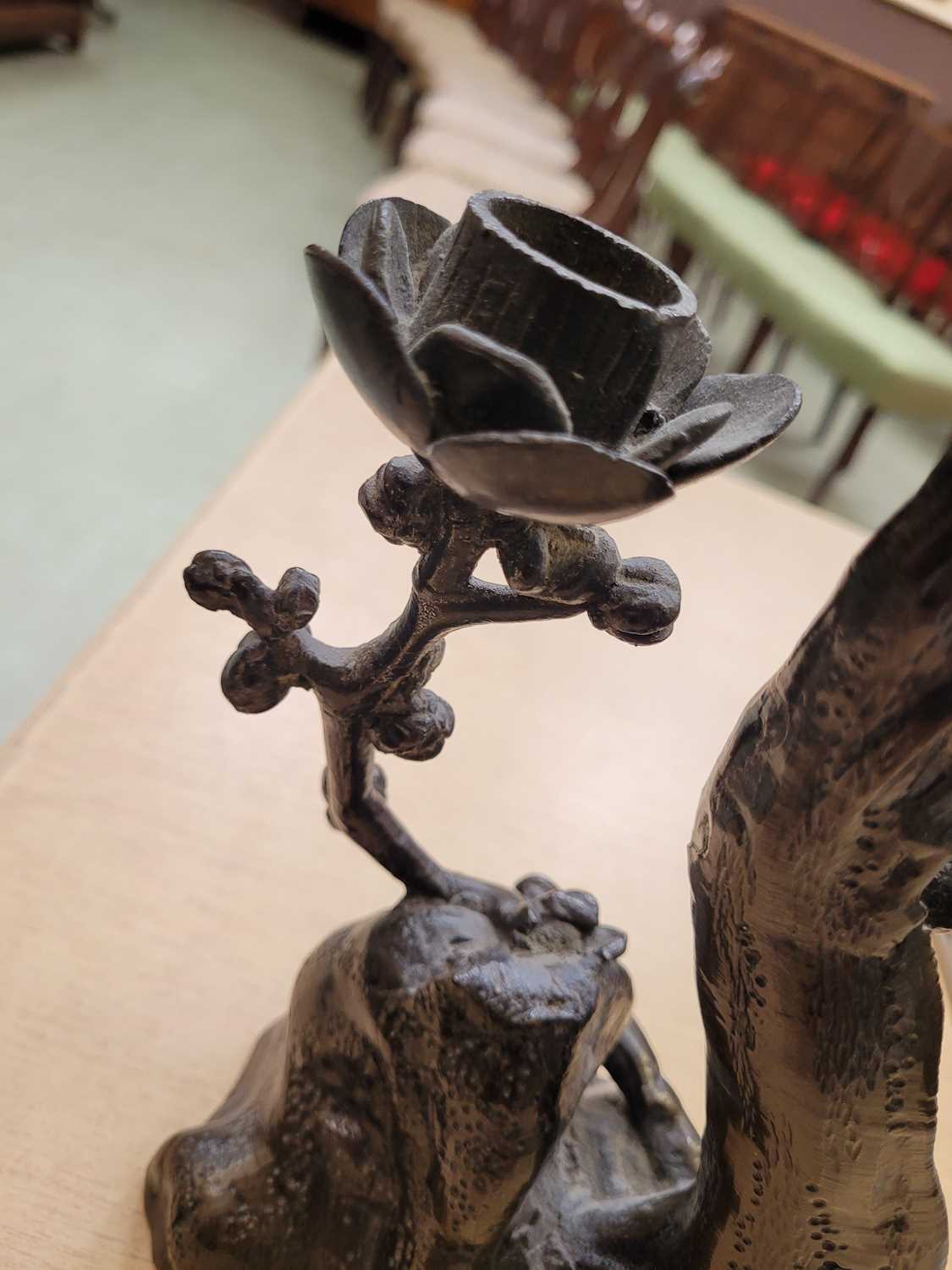 A close pair of Chinese style bronze candlesticks, 19th/20th century, of naturalistic form with a - Image 8 of 9