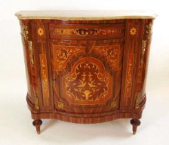 A Louis XV style kingwood veneered, and inlaid, serpentine pier cabinet, 20th century, with marble