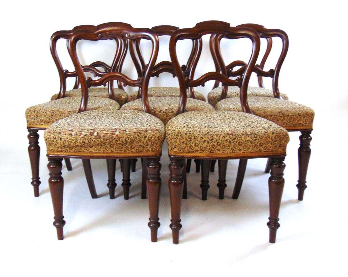 A set of eight Victorian mahogany dining chairs, with shaped top rail and stuff over horsehair - Image 2 of 3