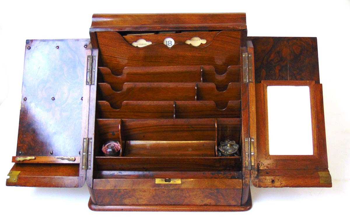 A Victorian walnut stationery cabinet, with two well figured sloping doors opening to reveal a - Image 3 of 5