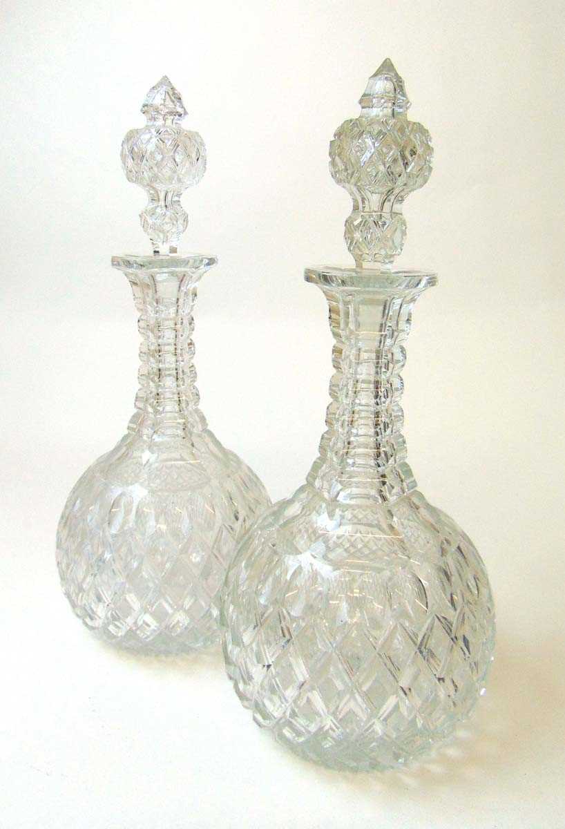 A good pair of early 20th century cut glass decanters, with hollow hob nail decorated stoppers, - Image 2 of 3