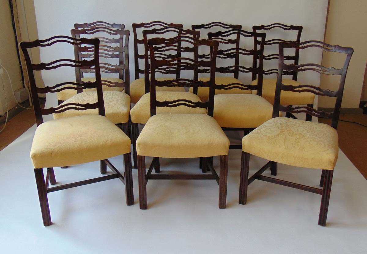 A set of ten George III style mahogany ribbon back dining chairs, with stuff over seats on channeled - Image 2 of 5