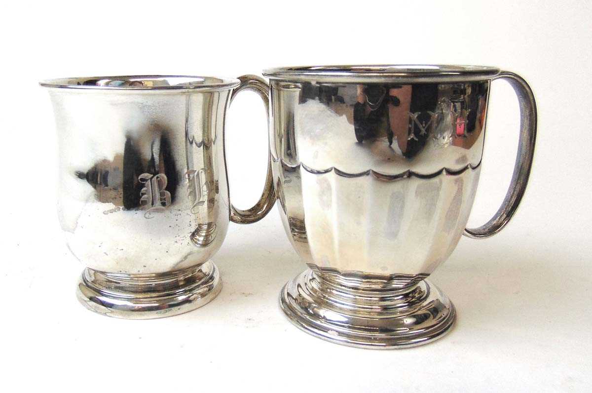 Two silver christening mugs, Sidney hall & Co, Sheffield 1934; and Pinder Brothers, Sheffield