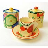 Two Clarice Cliff 'Bizarre' preserve pots in Ravel & Chintz patterns, and a Honeyglaze coffee can