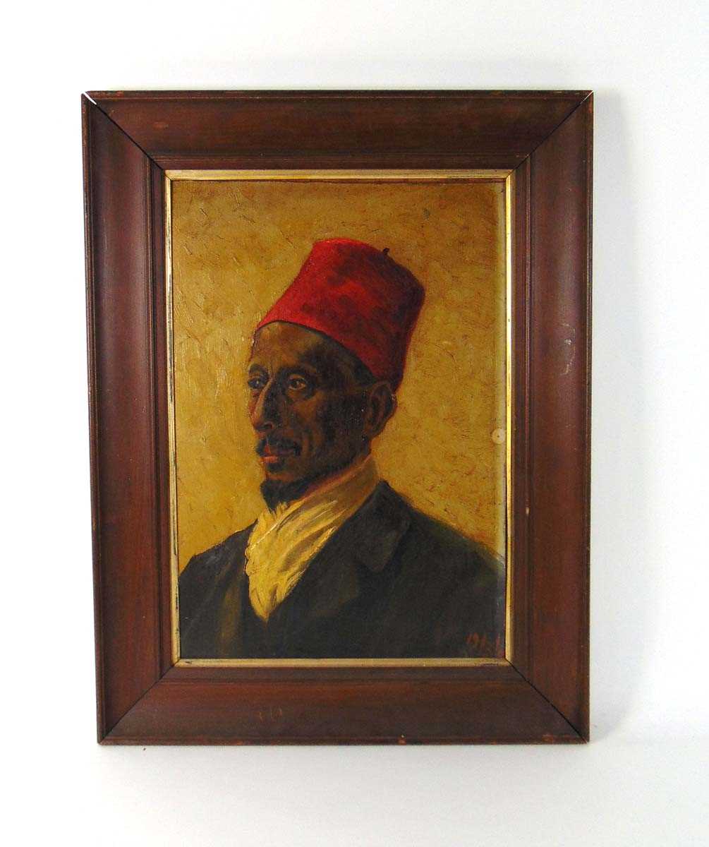 English school, early 20th century, portrait of a North African gentleman wearing a Taboosh, oil - Image 2 of 3