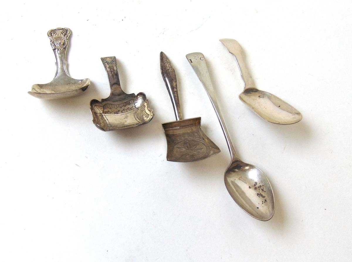 Four early 19th century silver tea caddy spoons, and a Georgian silver teaspoon, various dates and - Image 2 of 4