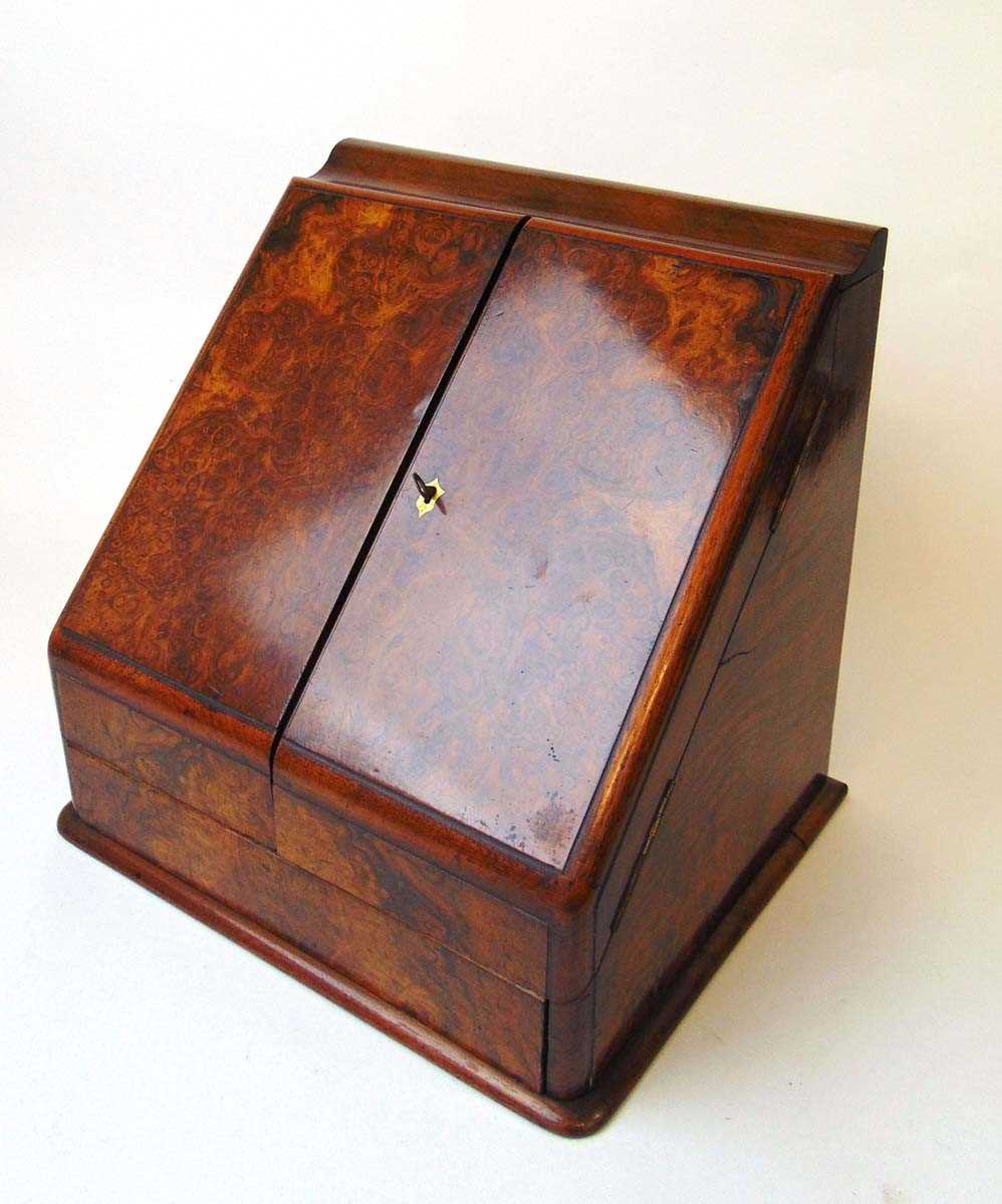 A Victorian walnut stationery cabinet, with two well figured sloping doors opening to reveal a - Image 5 of 5