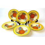 A set of six Clarice Cliff 'Bizarre' Crocus pattern dessert bowls, printed and impressed marks, 16.