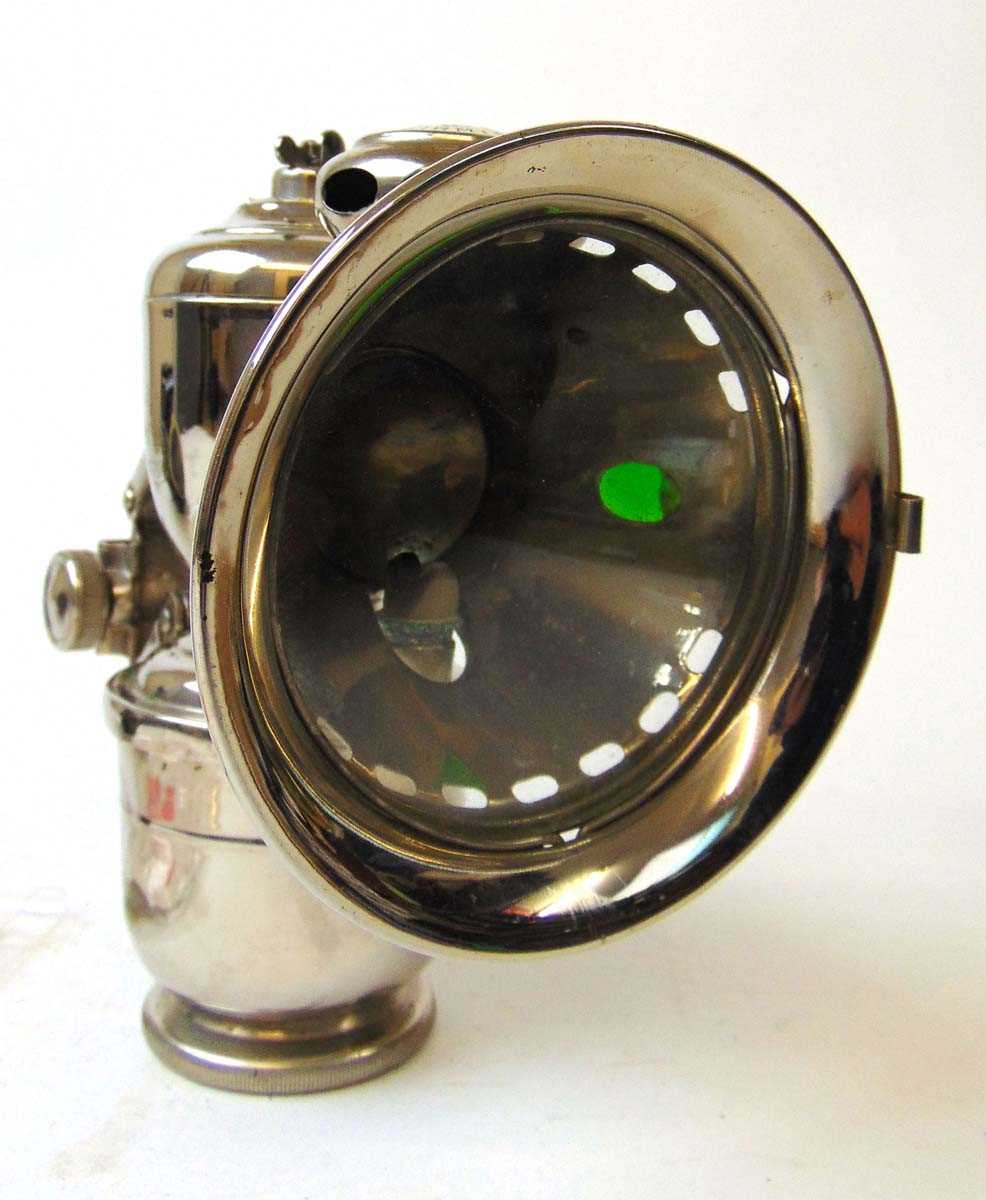 A Lucas Aceta major nickel plated carbide bicycle lamp, with green side lenses, 16cm; a brass - Image 4 of 7