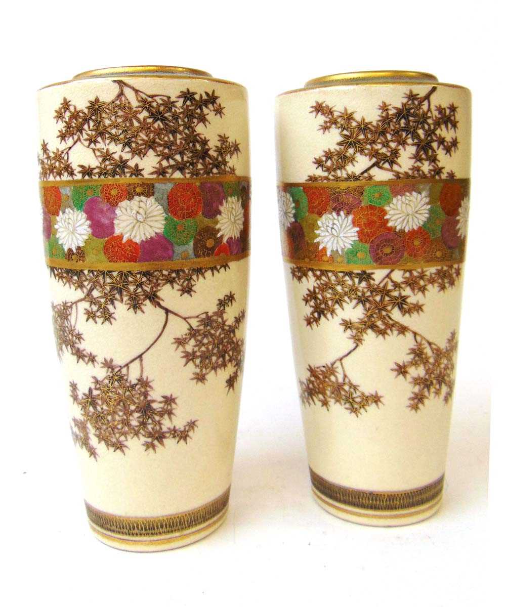 A pair of Japanese satsuma vases, Taisho period, of tapering cylindrical form, the shoulder - Image 2 of 4
