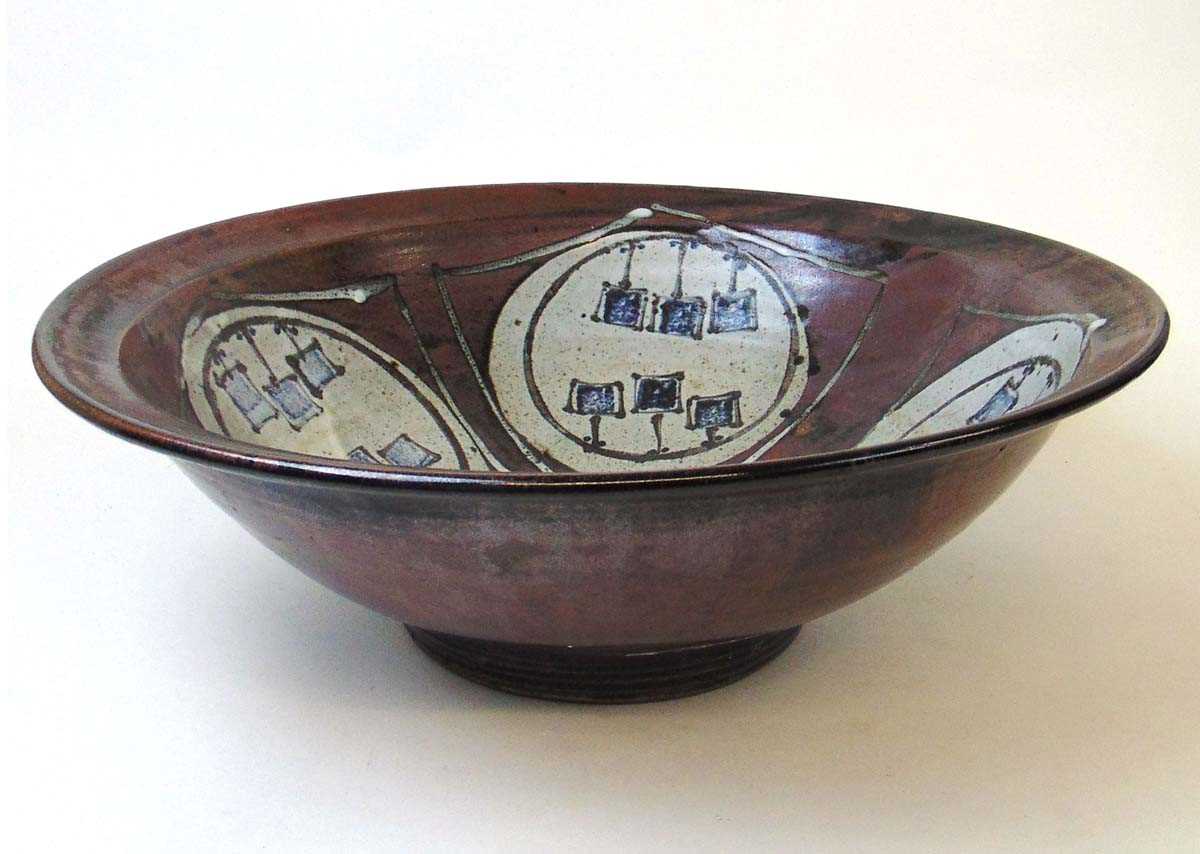 A large studio pottery bowl, the interior decorated with a four pentagons framing roundels each with - Image 3 of 3