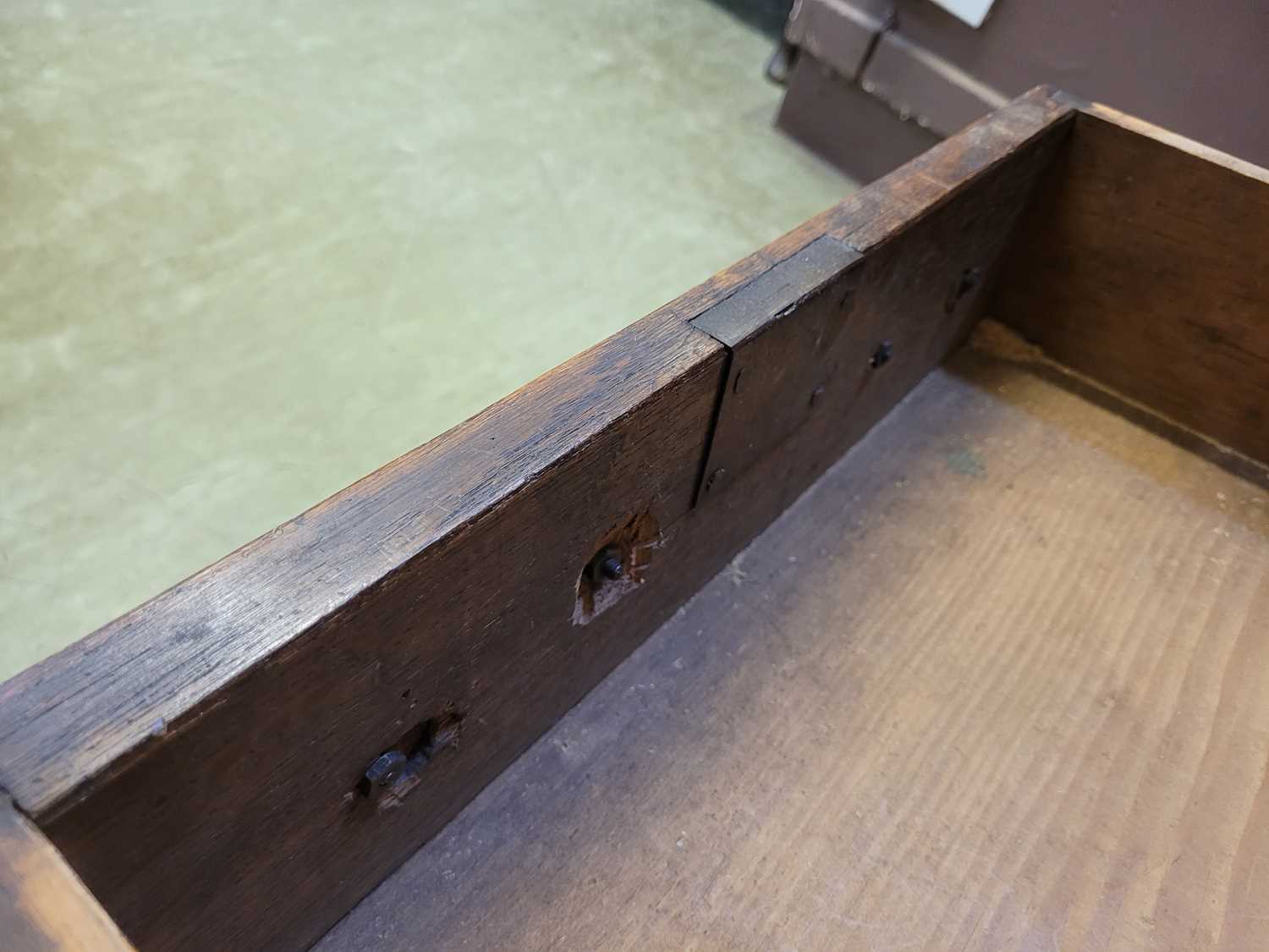 A George III oak Welsh dresser, with cavetto moulded pediment above the boarded back with three - Image 18 of 39