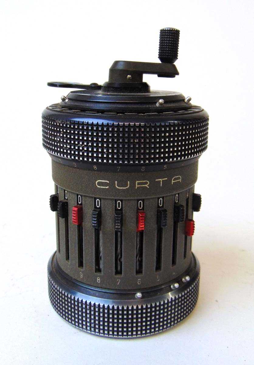 A Type II Curta calculator by Curt Herzstark, serial number 543852, made in Liechtenstein by Contina