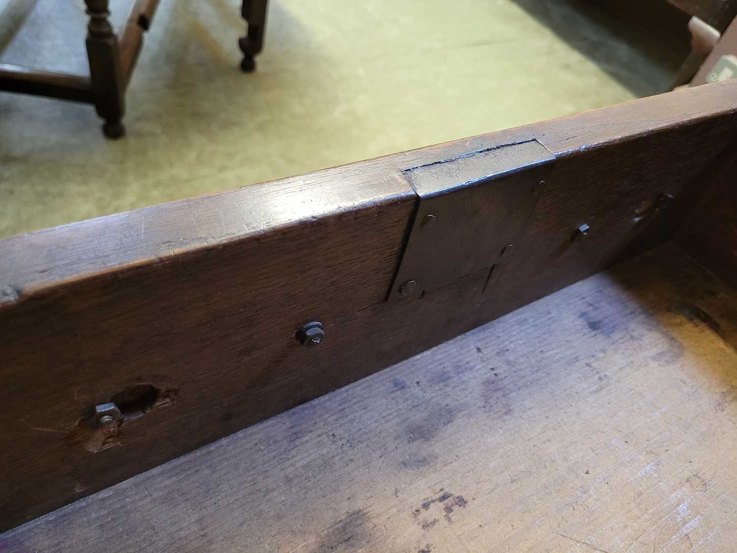 A George III oak Welsh dresser, with cavetto moulded pediment above the boarded back with three - Image 30 of 39