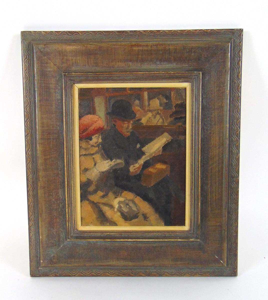 English school, early 20th century, a gentleman and a lady seated in a rail carriage, oil on canvas, - Image 2 of 4