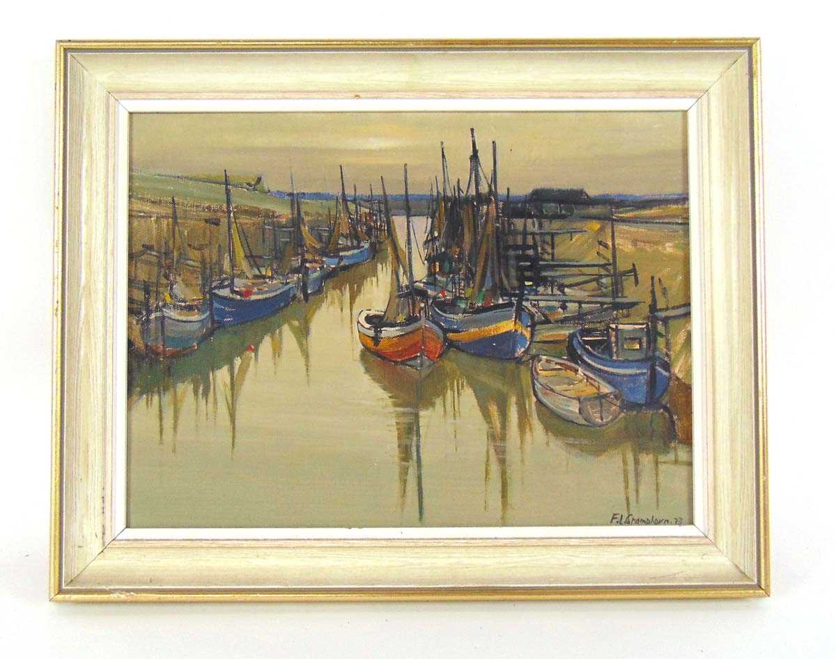 Frank Leslie Cramphorn (British, 1908 - 2000), Suffolk fishing boats, signed and dated 73, oil on - Image 2 of 3