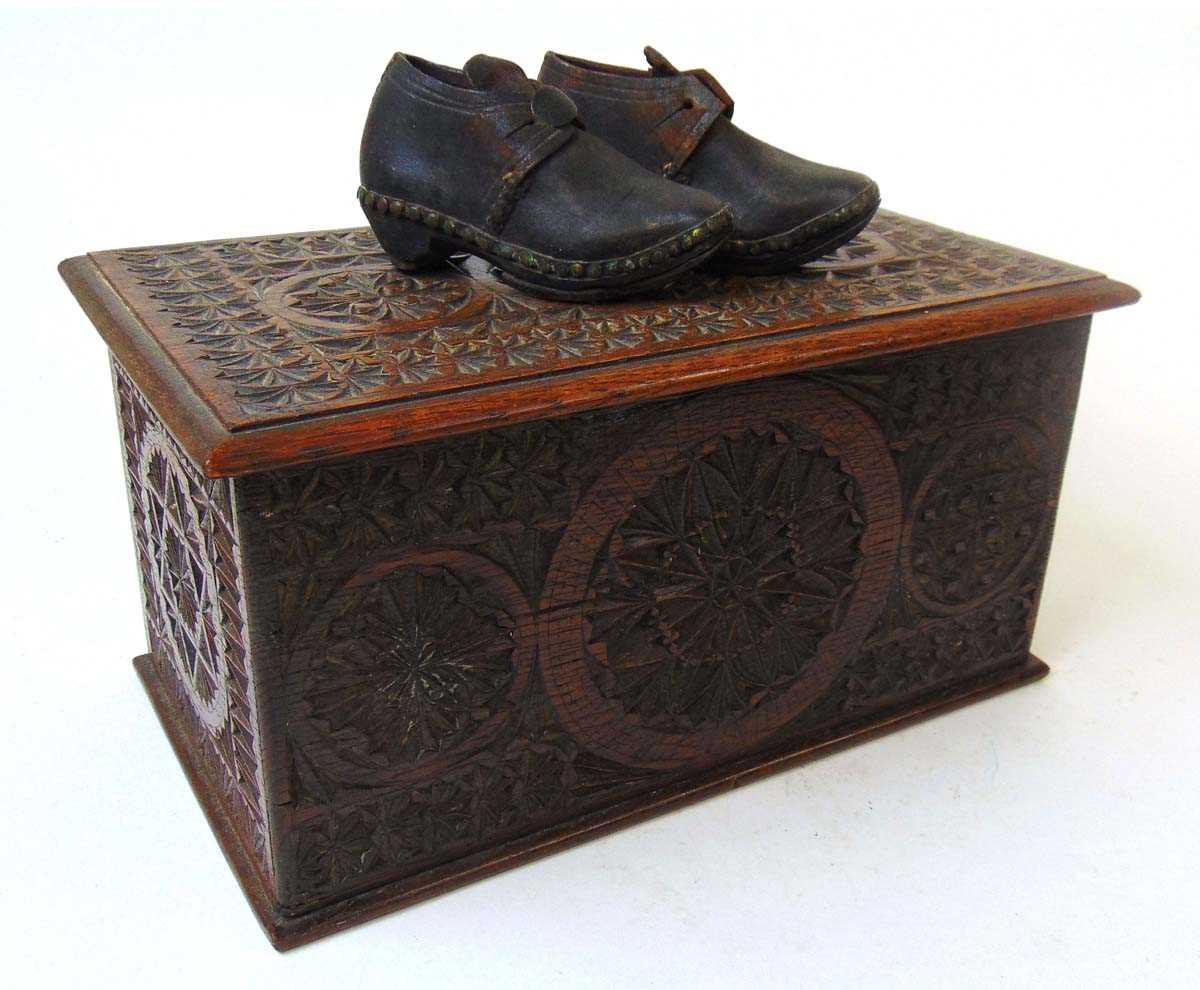 A Victorian chip carved oak candle box, carved throughout with roundels and geometric bands, and a - Image 2 of 4