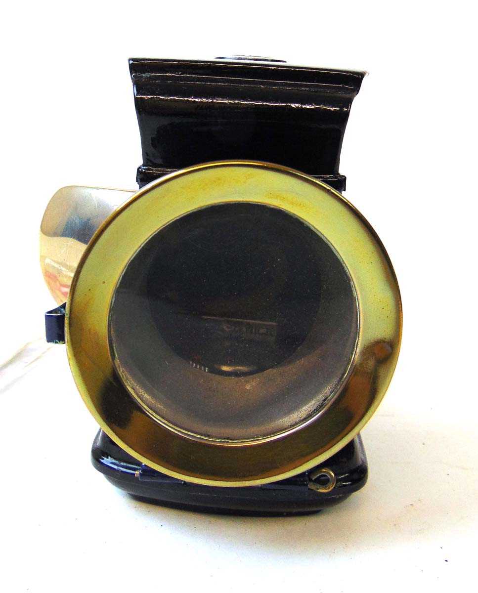 A Lucas Aceta major nickel plated carbide bicycle lamp, with green side lenses, 16cm; a brass - Image 6 of 7