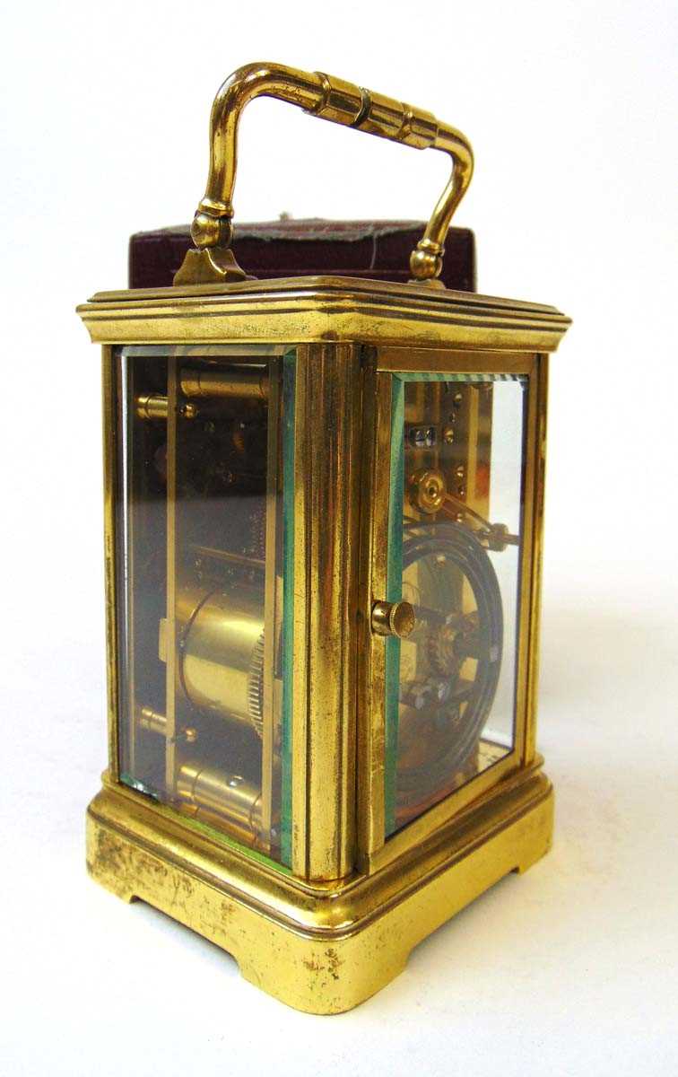 A French brass carriage clock, the eight day movement with repeater action, chiming on a single - Image 4 of 4