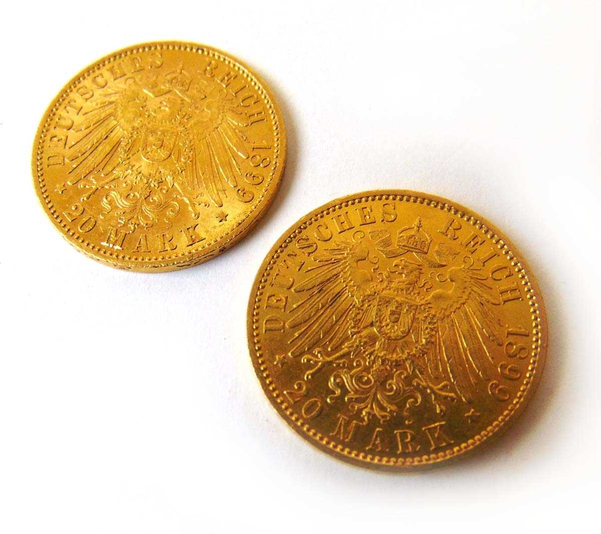 Kingdom of Prussia, Wilhelm II, 2 x gold 20 Deutches Reich Mark, 1899, A, berlin - Bild 2 aus 2