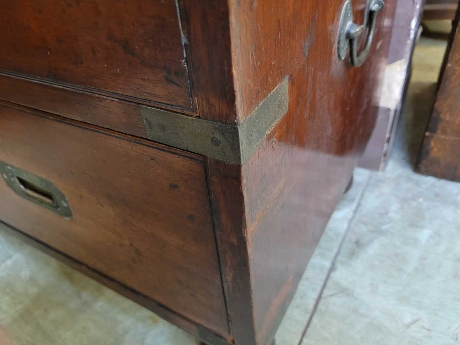 A 19th century mahogany and brass bound two part campaign chest, with two short over three long - Image 28 of 29