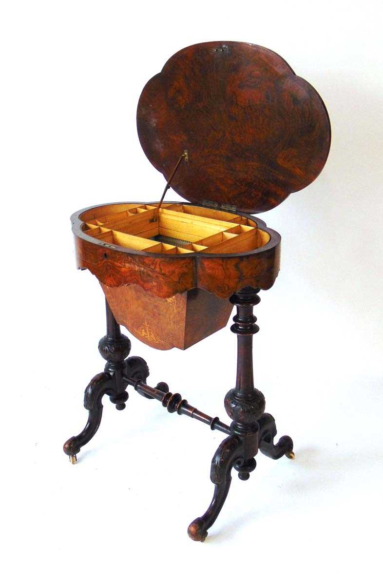 A Victorian walnut work table, the well figured book matched veneered top opening to reveal a fitted - Image 3 of 4