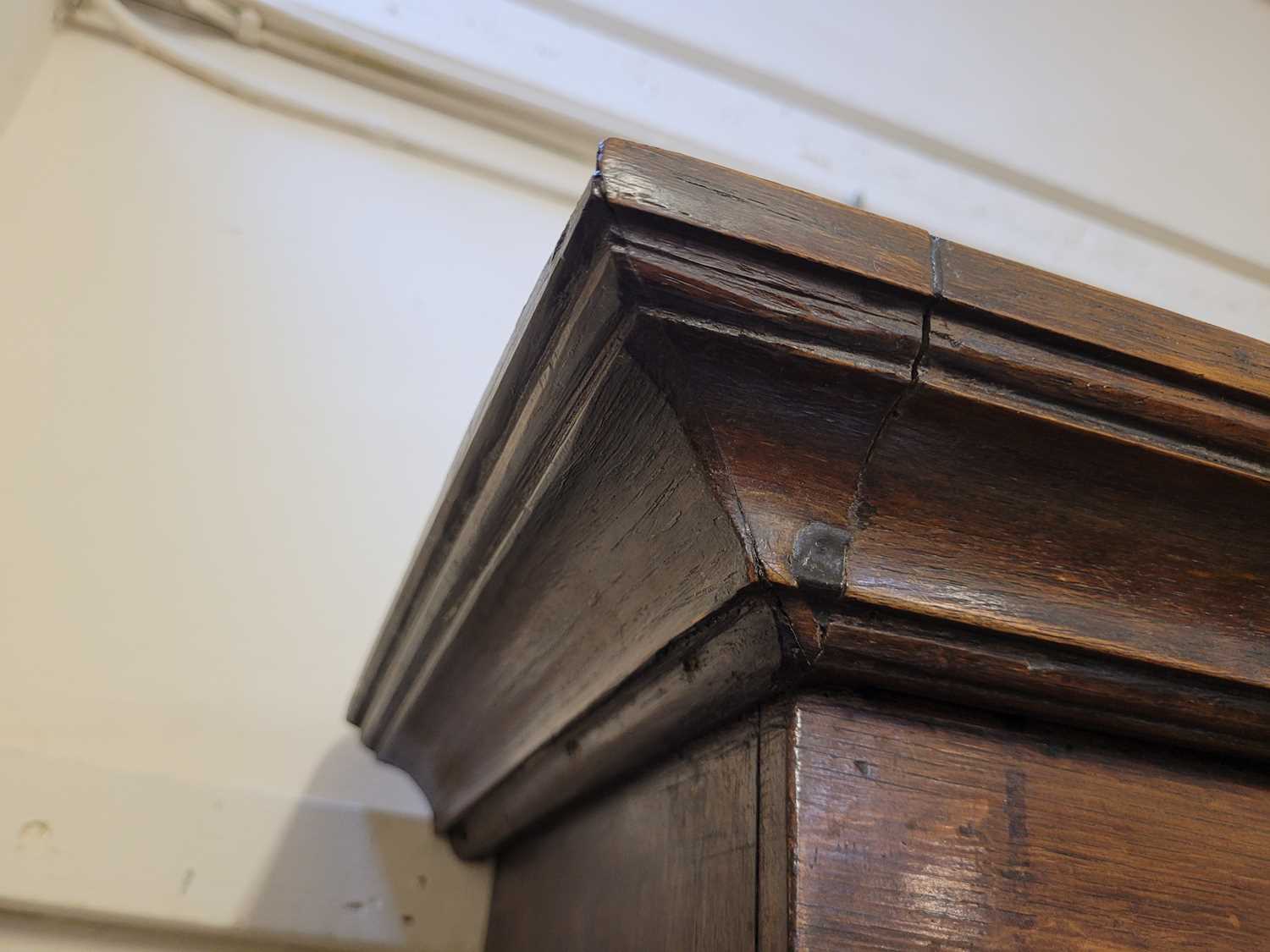 A George III oak Welsh dresser, with cavetto moulded pediment above the boarded back with three - Image 4 of 39