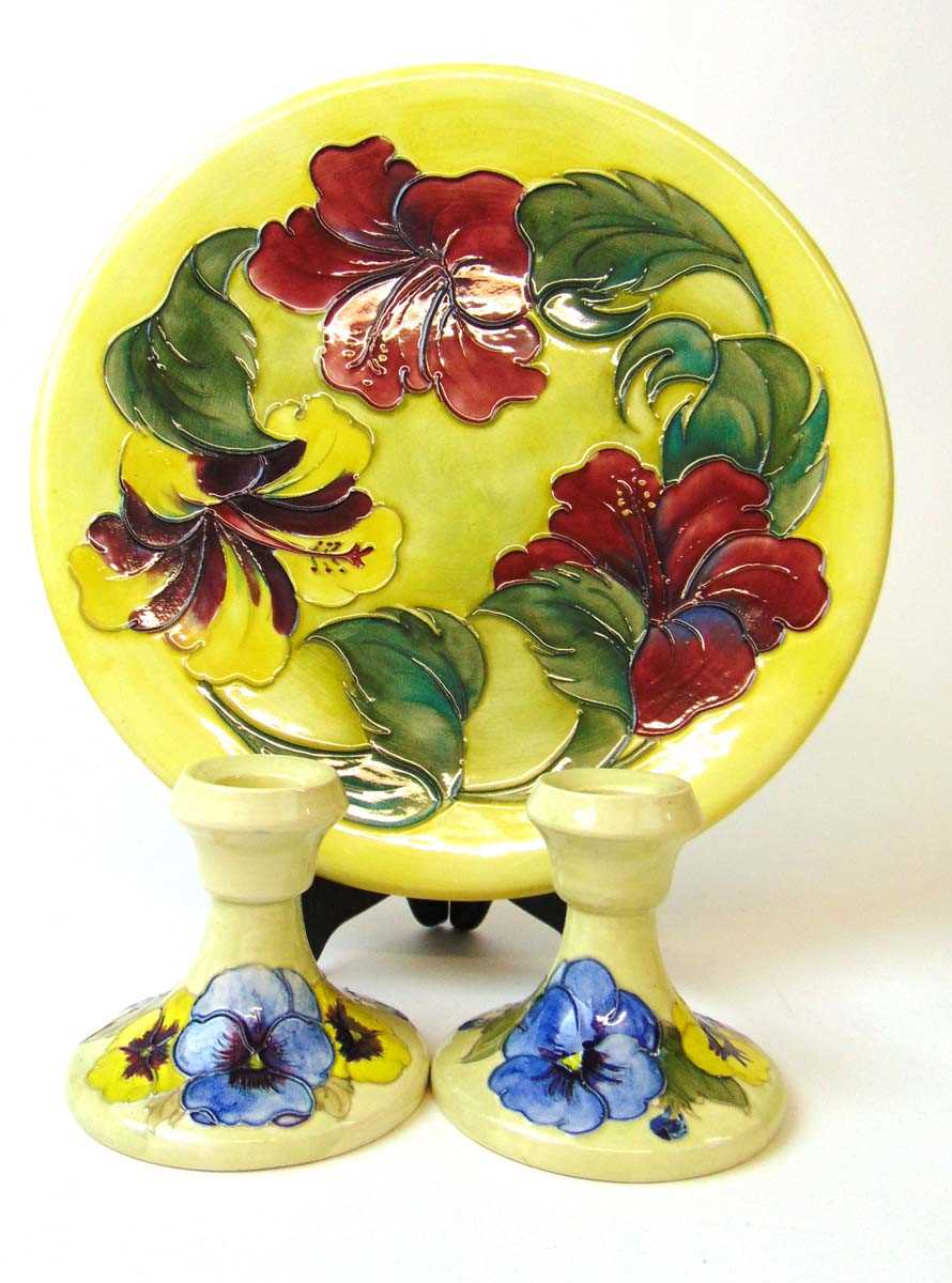 A large Walter Moorcroft hibiscus pattern charger and a pair of pansy pattern dressing table - Image 2 of 3