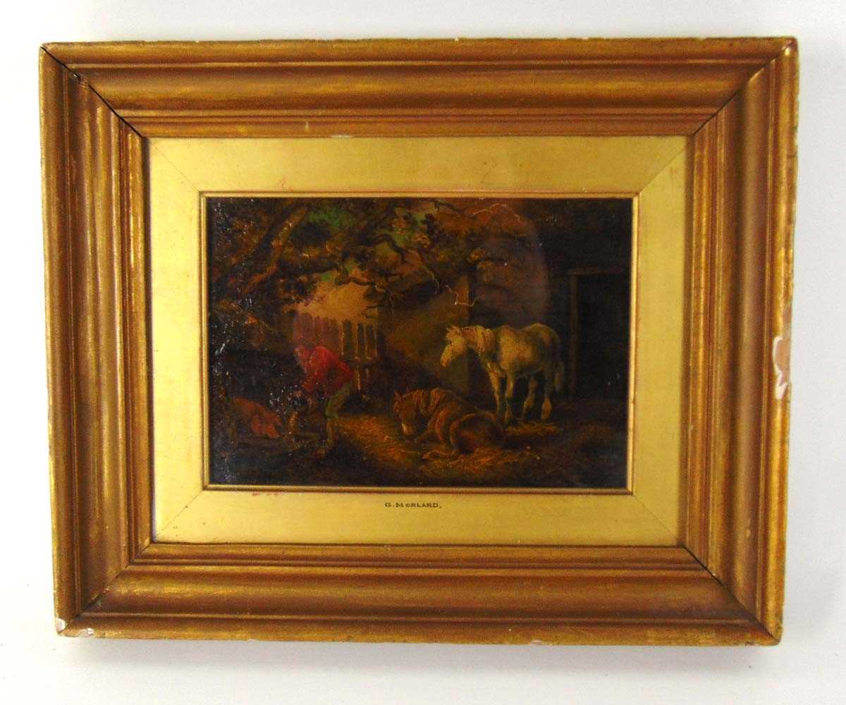19th century English school after George Morland, stable exterior scene with farmhand feeding a