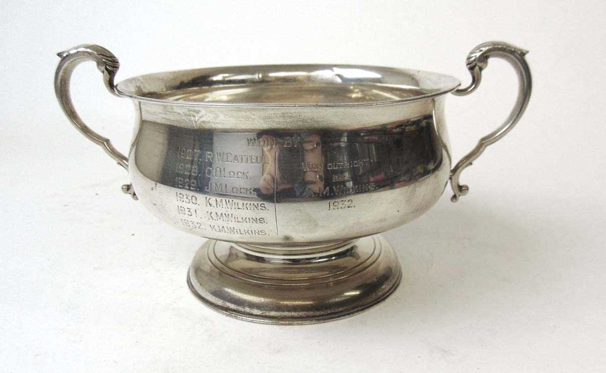 A silver two handled bowl, S Blanckensee & Son Ltd, Chester 1932, of slightly bellied circular form,