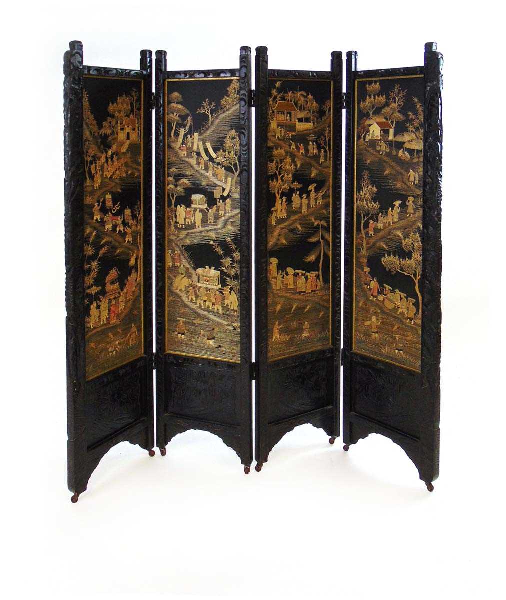 A late 19th century Chinese export embroidered four fold screen, each panel depicting a procession