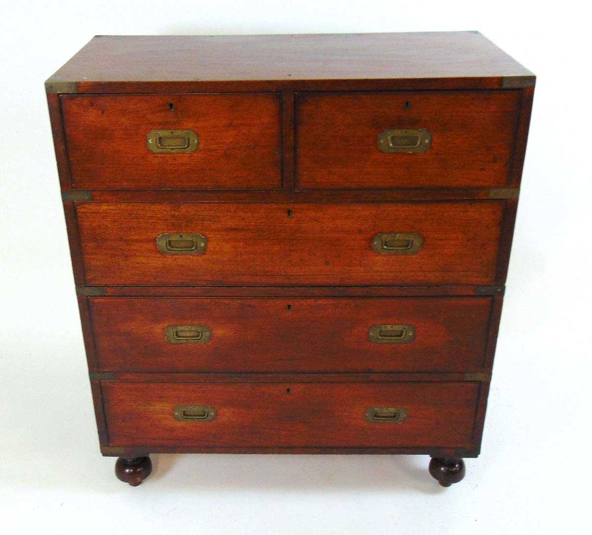 A 19th century mahogany and brass bound two part campaign chest, with two short over three long - Image 2 of 29