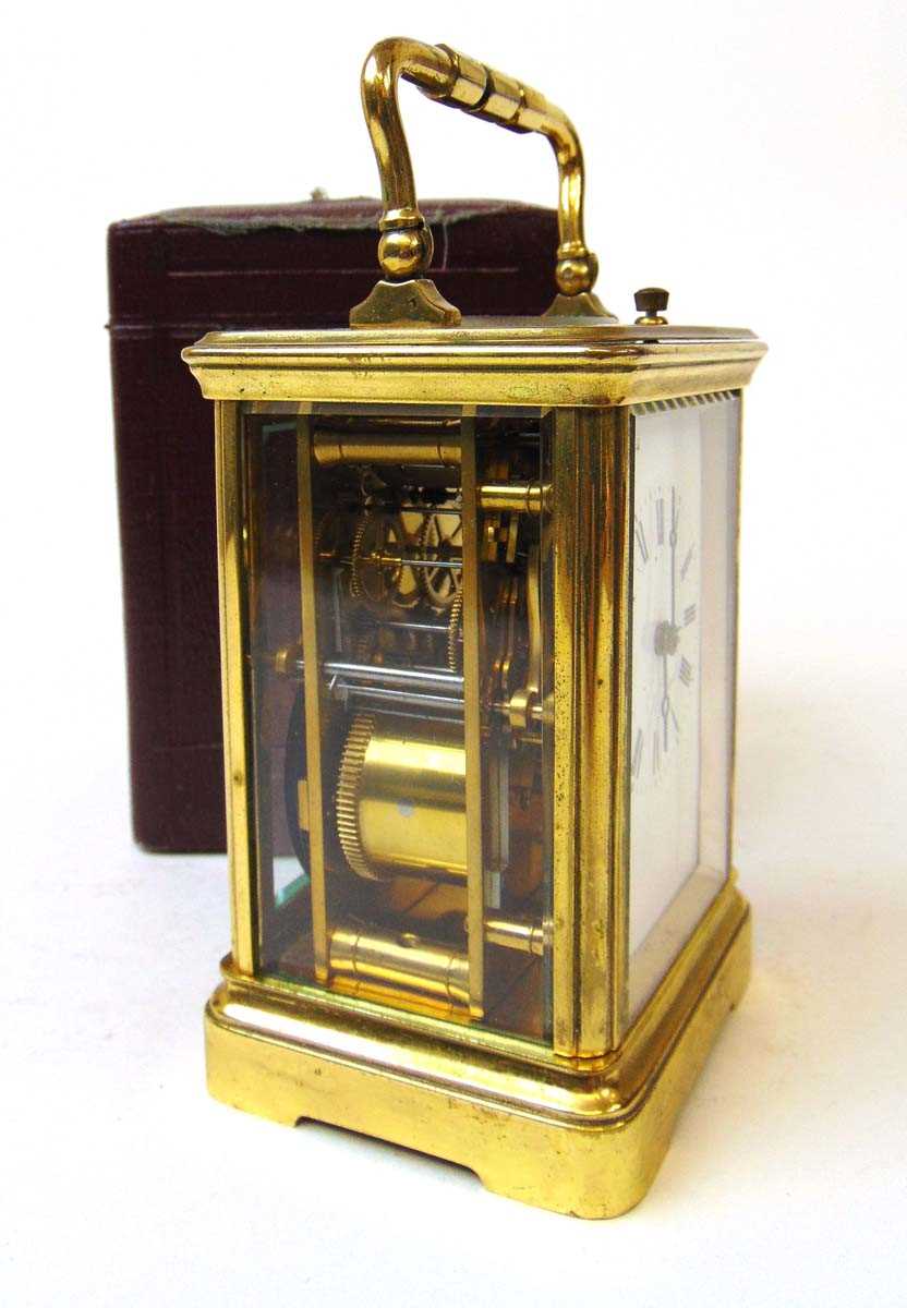 A French brass carriage clock, the eight day movement with repeater action, chiming on a single - Image 2 of 4