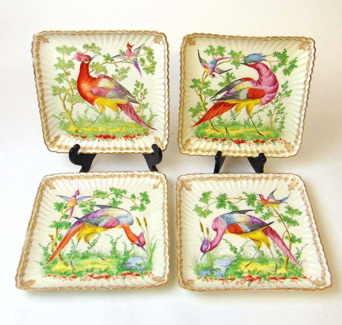 A set of four Chelsea style square plates, the finely potted earthenware dishes with scalloped - Image 4 of 4