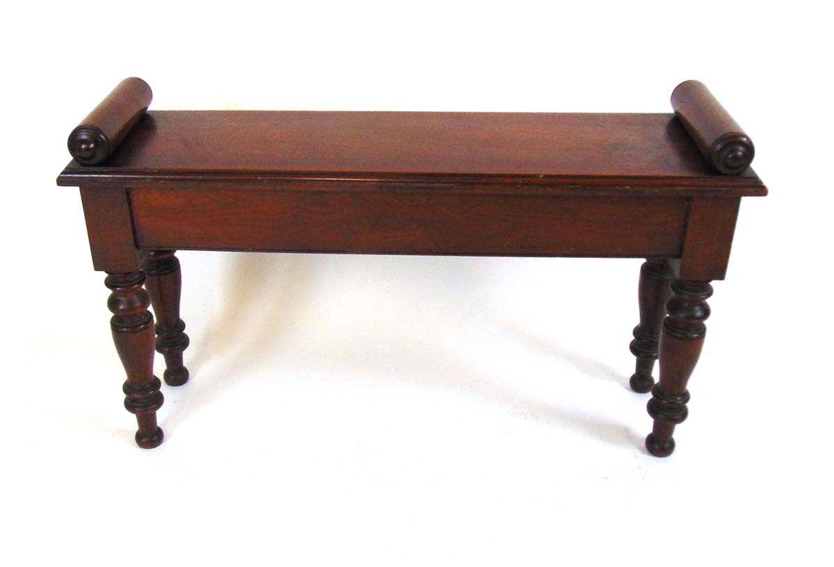 An early 19th century mahogany window seat, the top with moulded edge and turned bolsters, on turned - Image 2 of 4