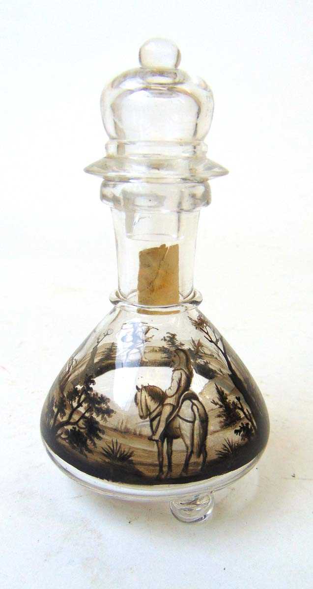 A Lobmeyr glass scent bottle and stopper, schwartzlot decorated with a soldier on horseback and a - Image 3 of 3