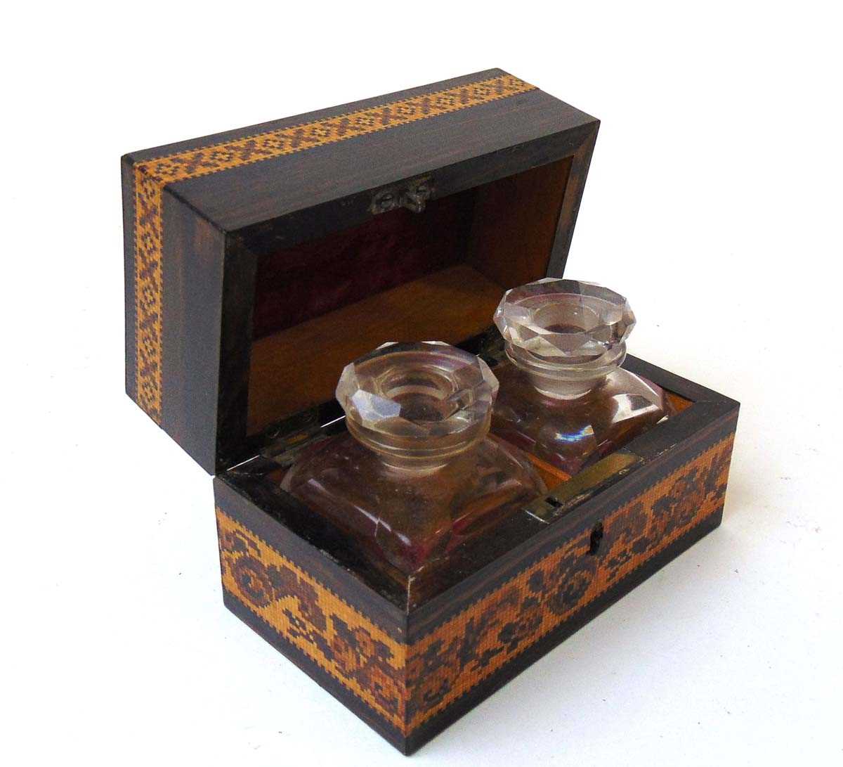 A 19th century Tunbridge ware scent bottle box, containing two glass bottles with stoppers, - Image 2 of 4